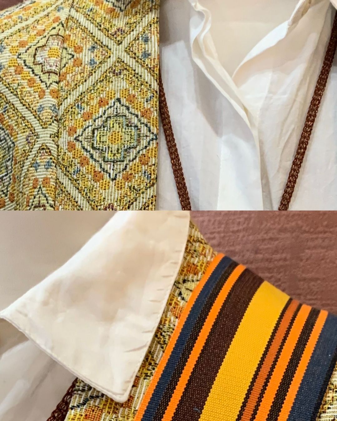 hotographie d'un mannequin en bois avec une tenue, jeans bleu, chemise blanche, veste jaune, collier en maille, sac encuir jaune